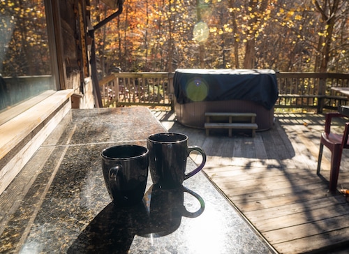 Secluded log cabin, fireplace, wi-fi, hot tub on deck!!