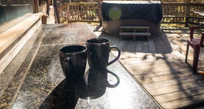 Secluded log cabin, fireplace, wi-fi, hot tub on deck!!