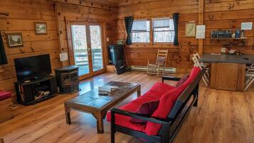 Smart TV, fireplace, books, stereo