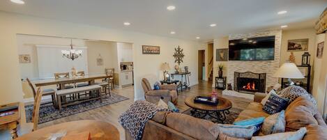 Smart TV, fireplace, video games, DVD player