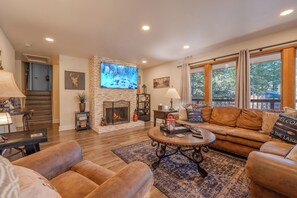 Smart TV, fireplace, video games, DVD player