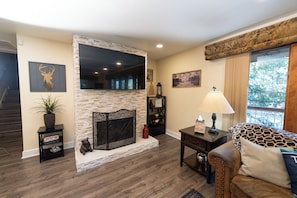 Älytelevisio, takka, videopelejä, DVD-soitin