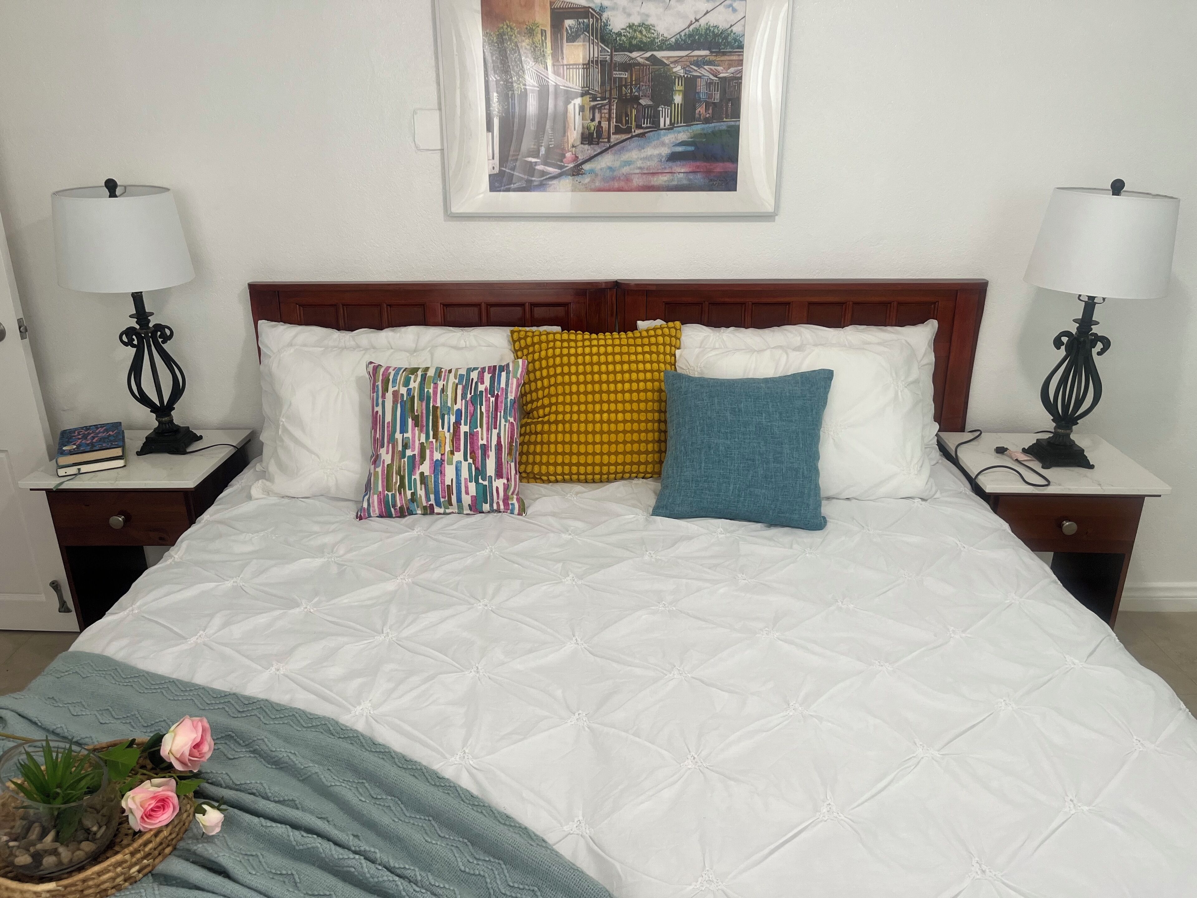 King size bed on beautifully decorated bedroom