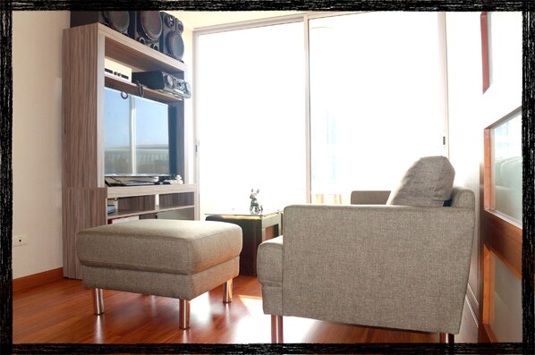 TV, DVD player, video library, stereo