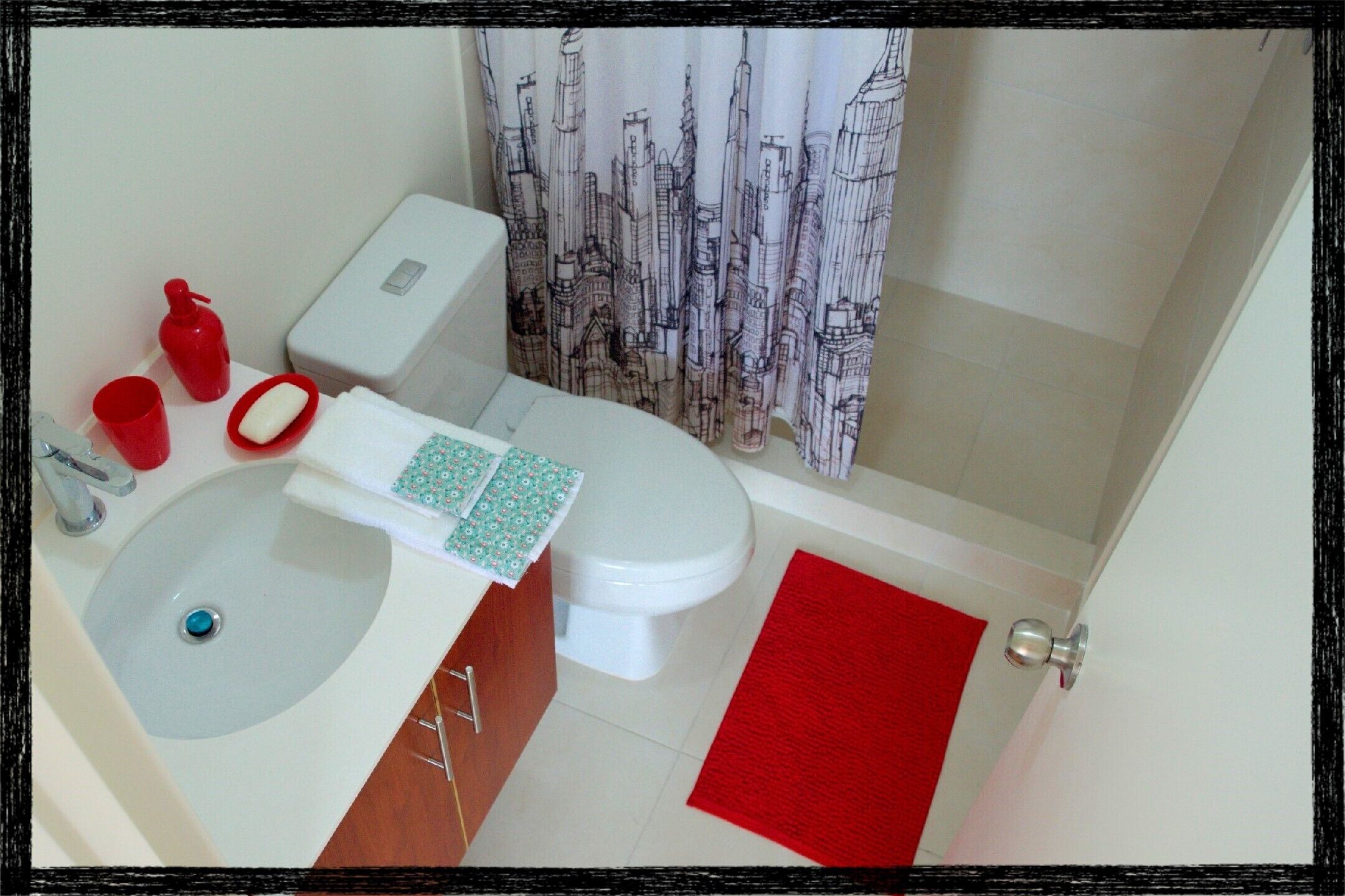 Shower, hair dryer, bidet, towels