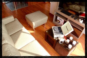 TV, DVD player, video library, stereo