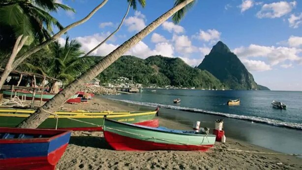 Una playa con barcos, palmeras y una montaña al fondo.
