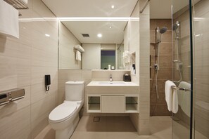 Shower, free toiletries, hair dryer, slippers