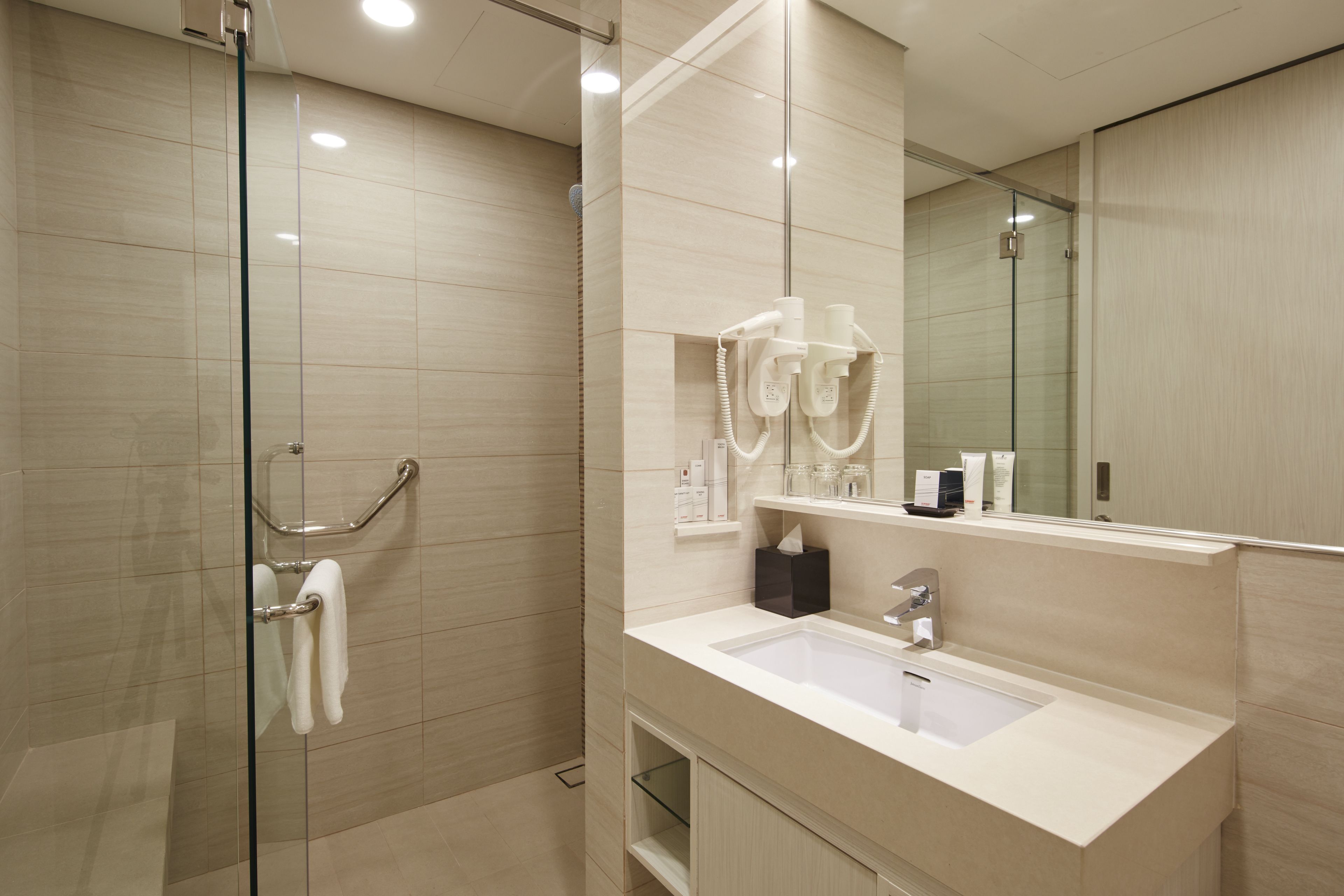 shower, free toiletries, hair dryer, slippers