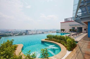 สระว่ายน้ำกลางแจ้ง เปิด 7:00 น. ถึง 21:00 น., ร่มริมสระว่ายน้ำ