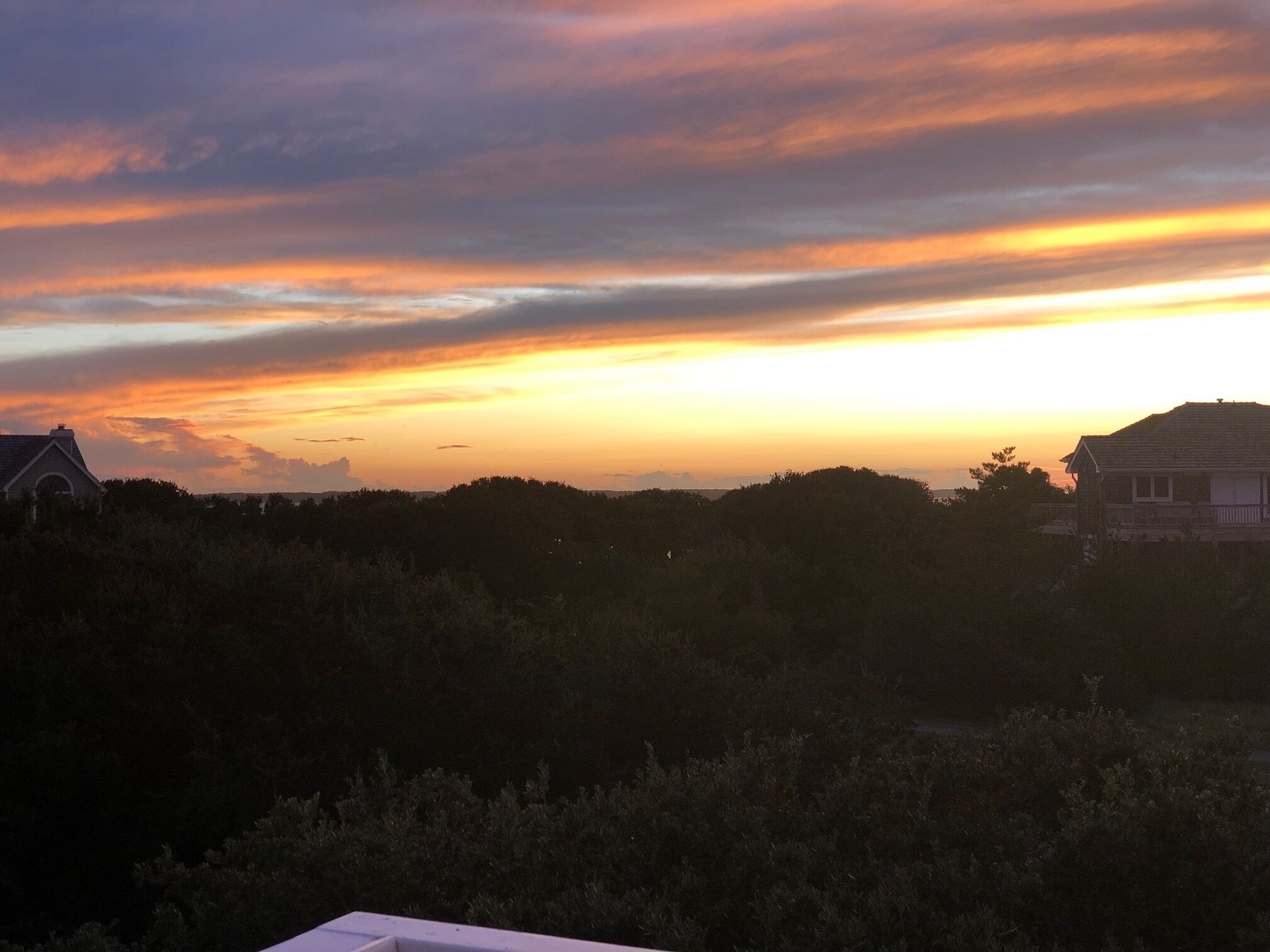 A sunset over a residential area with houses and dense vegetation.