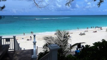 On the beach, sun-loungers, beach towels