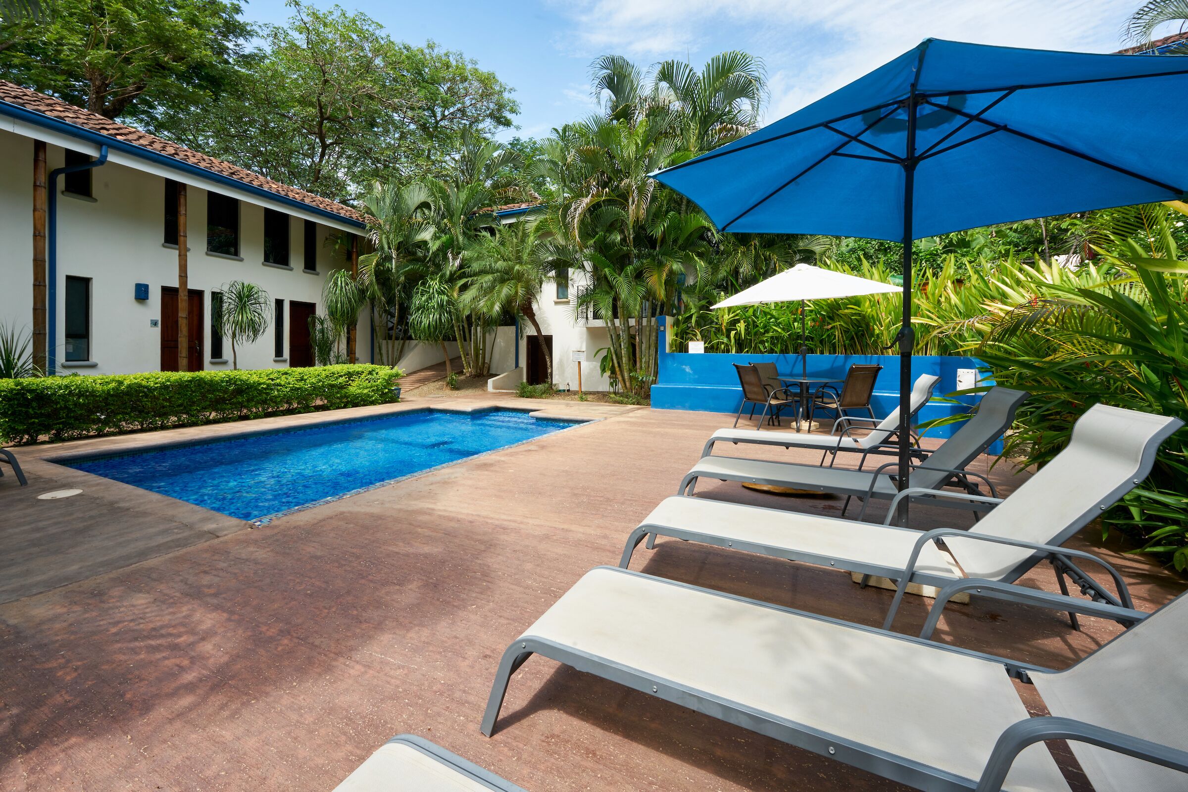 A pool area with lounge chairs and umbrellas, surrounded by lush greenery and a building with a tiled roof.