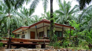 A house with a wooden deck, surrounded by rocks and palm trees. - Tonpalm Farmstay (Khlong Thom)
