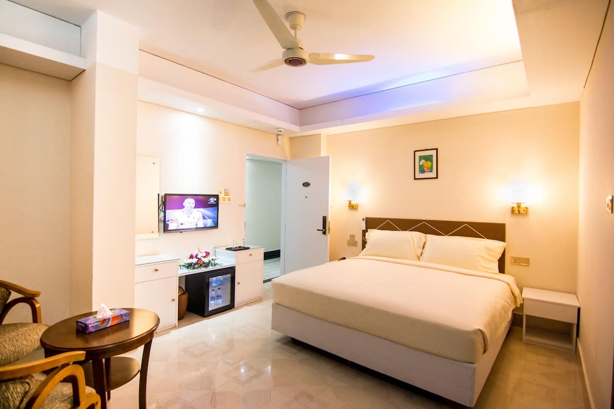Habitación de hotel con cama, escritorio con televisor, silla y mesita de noche con caja de pañuelos.