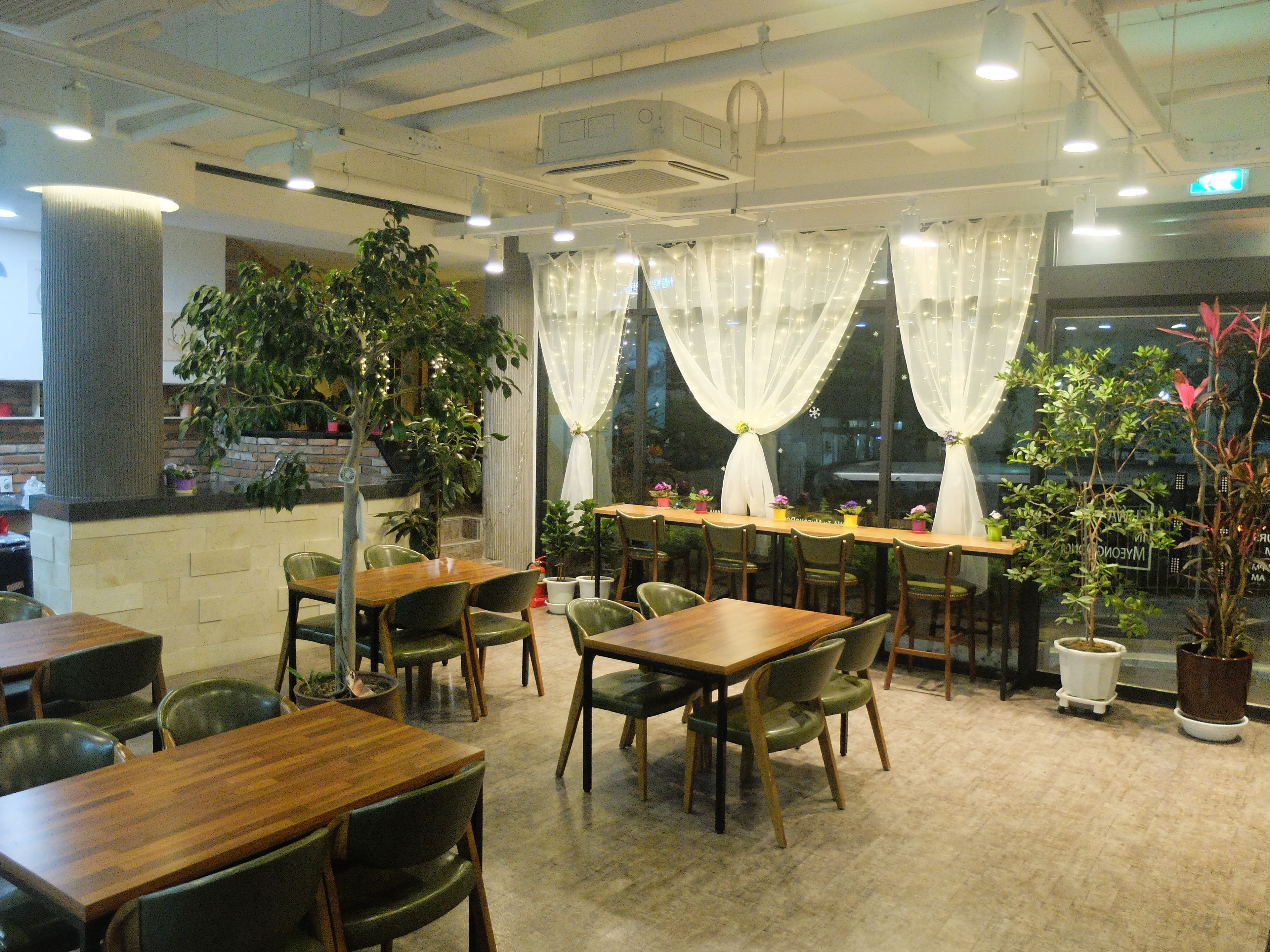 A restaurant with wooden tables and chairs, potted plants, and a view of the street outside.