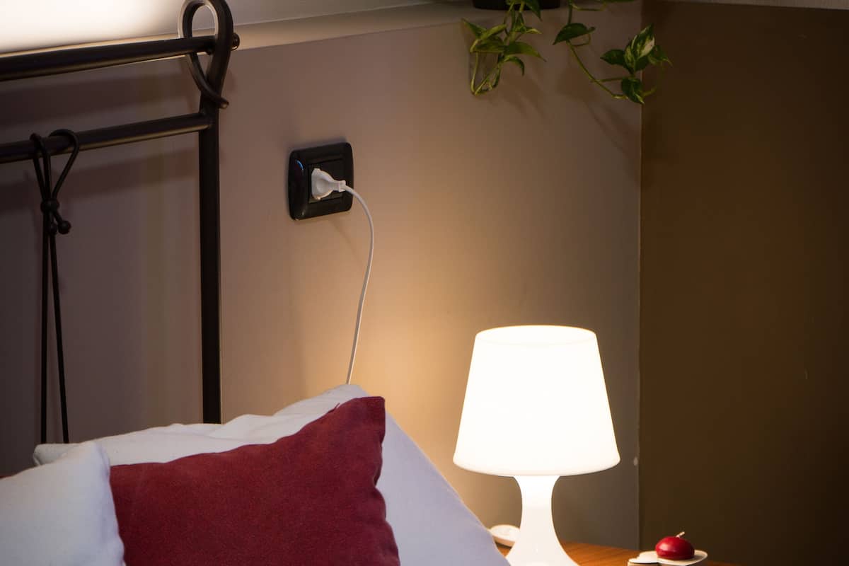 A neatly made bed with a red and white pillow, a bedside lamp, and a small potted plant on the nightstand.