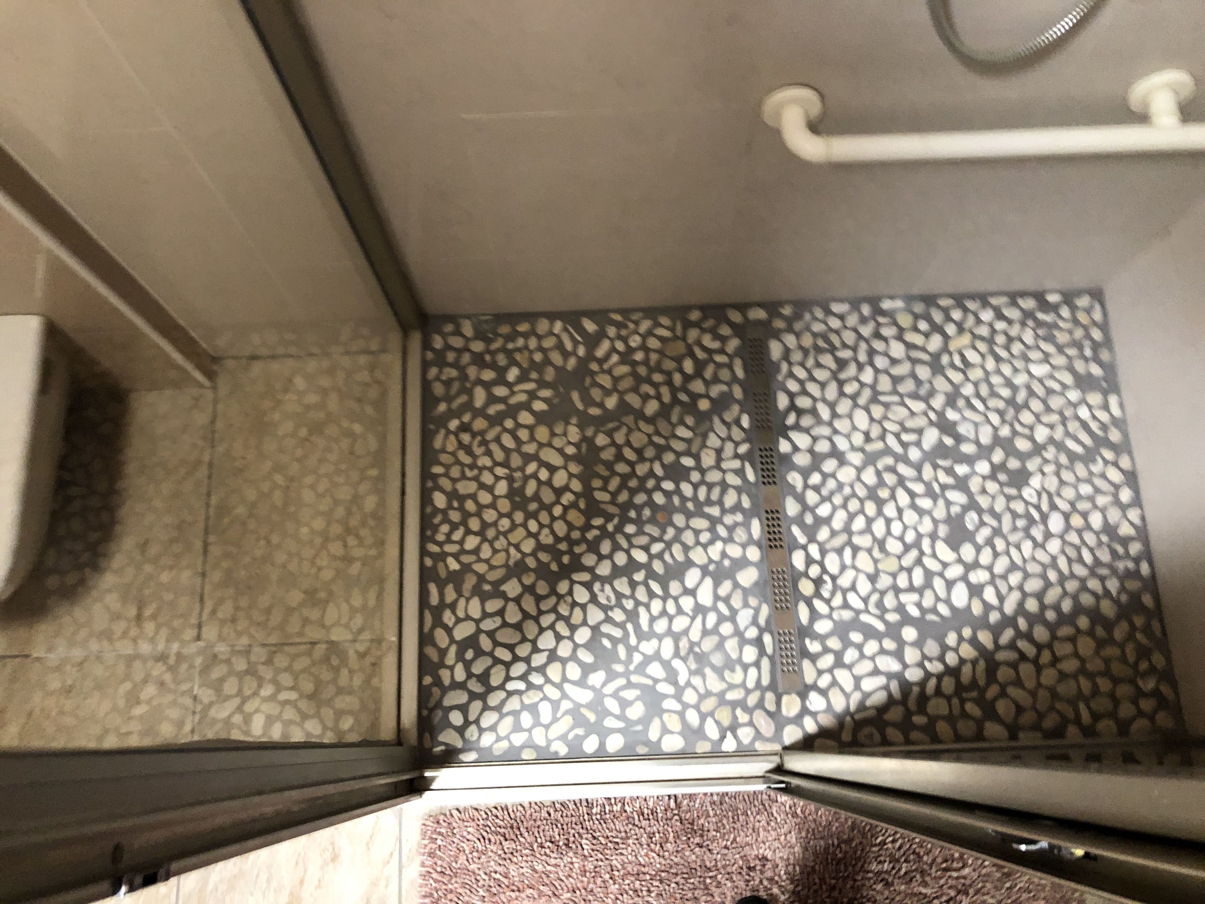 Un bagno con pavimento effetto pietra, un water bianco e un angolo doccia dotato di una barra di sostegno bianca.