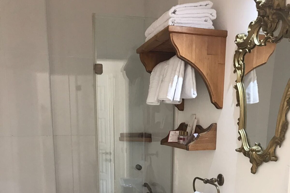A bathroom with a glass shower enclosure, a toilet, a sink, and a mirror.