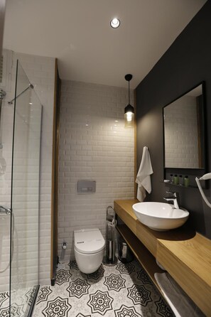 Douche, articles de toilette gratuits, sèche-cheveux, chaussons