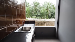A modern kitchen with a stainless steel sink and a view of tropical foliage through a window.