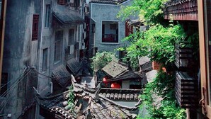 A narrow alleyway with traditional architecture, including tiled roofs and wooden structures.