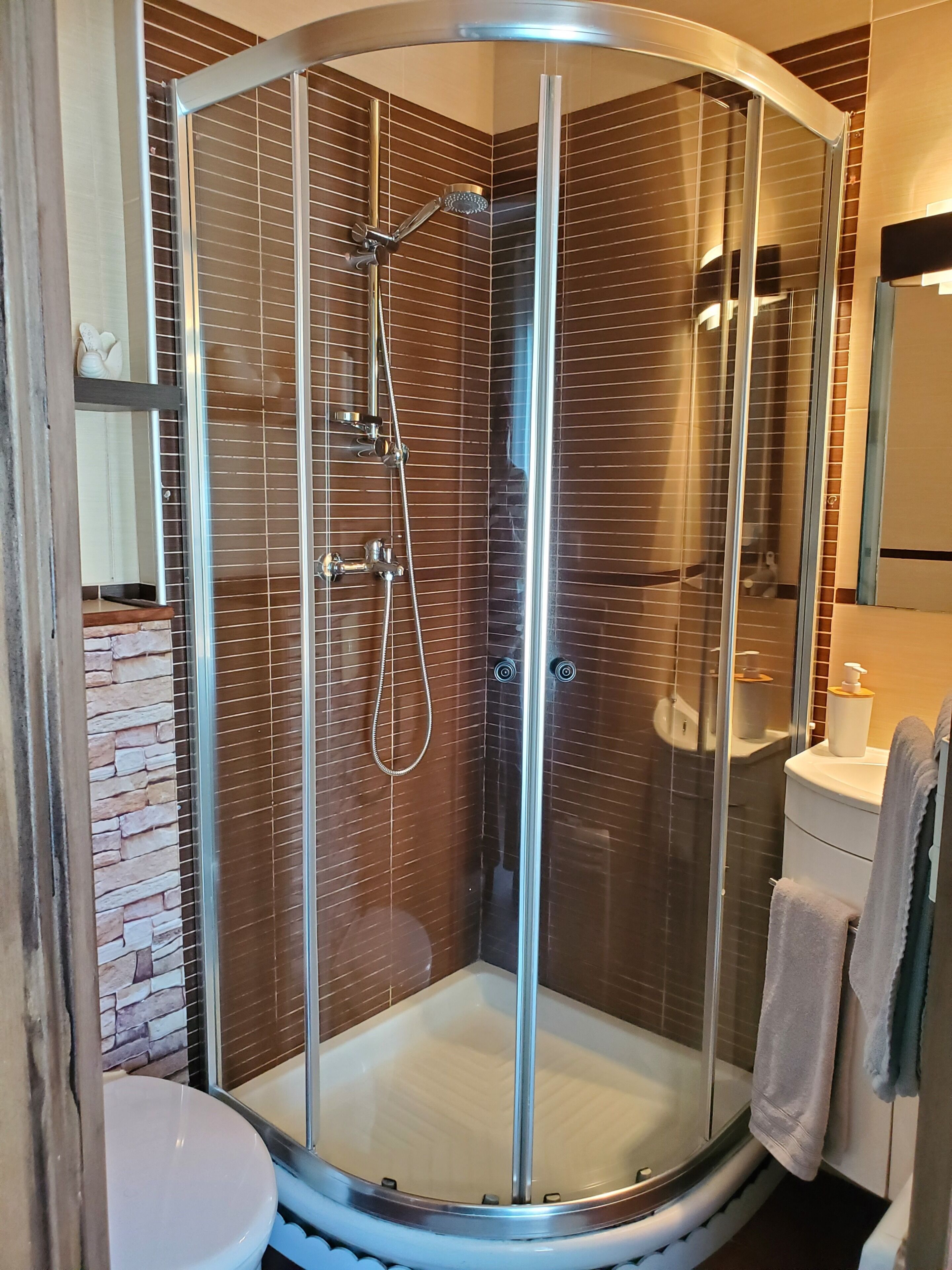 A glass-enclosed shower stall with a handheld showerhead, a wall-mounted faucet, and a toilet visible to the left.