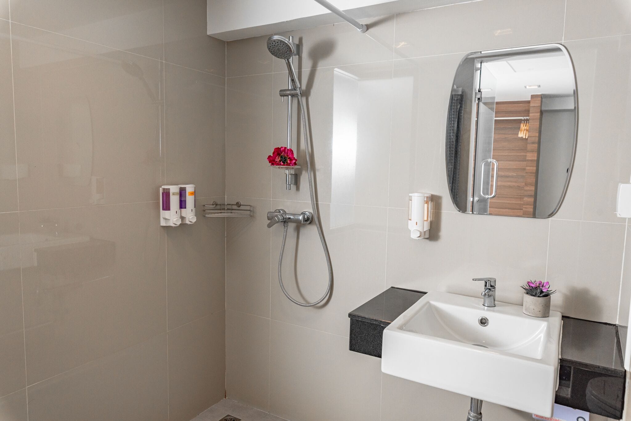 A modern bathroom with a shower, a sink, and a mirror.