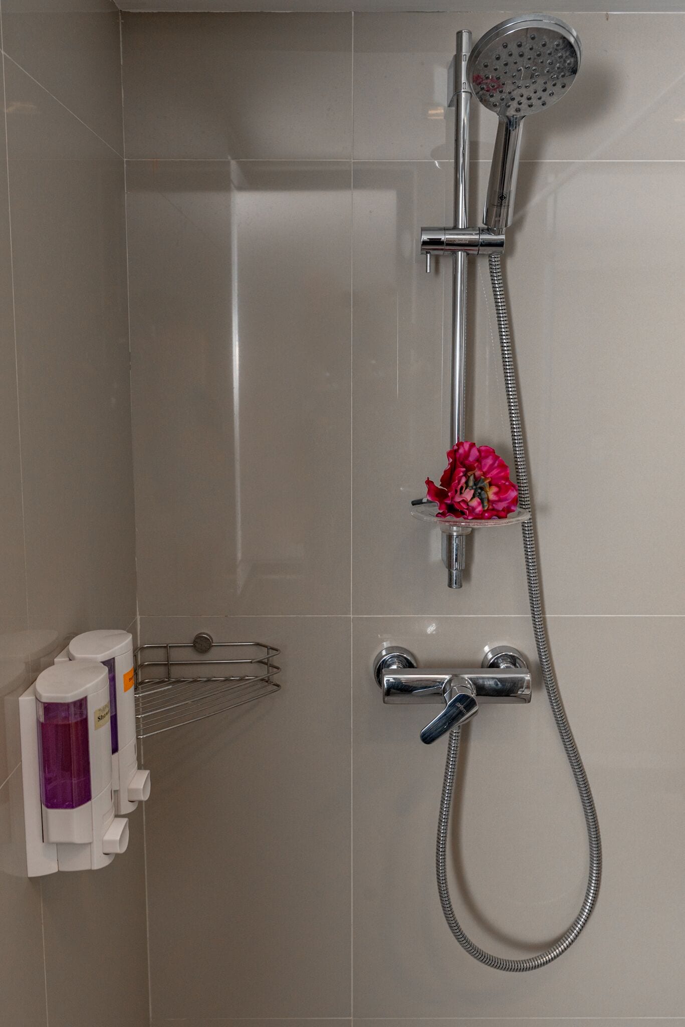 A shower with a handheld showerhead, a handheld shower attachment, and a rose placed on the wall.