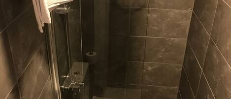 A small, dark-tiled bathroom with a white toilet, a shower stall, and a towel hanging on the wall.