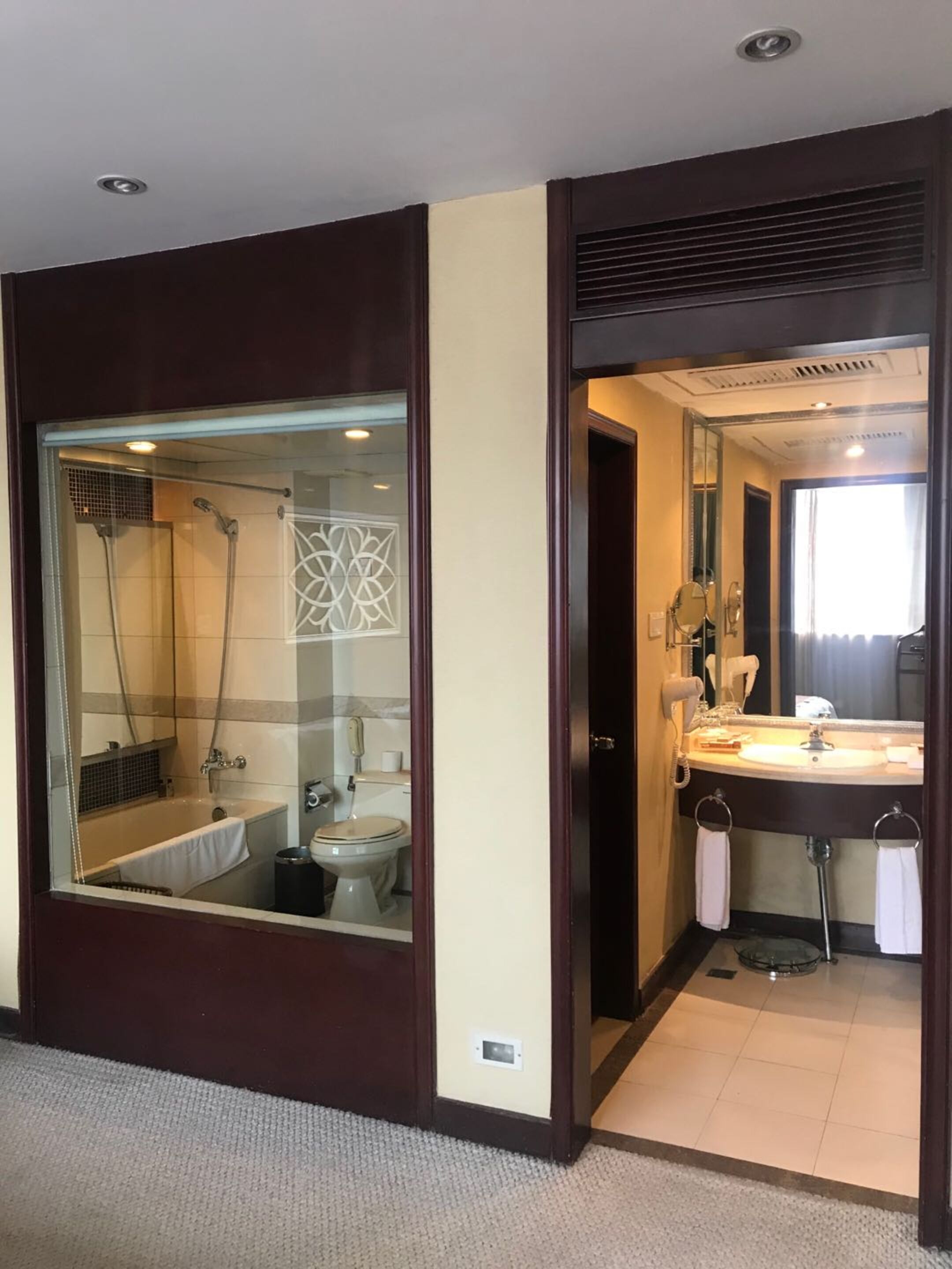 separate bathtub and shower, free toiletries, hair dryer, dressing gowns