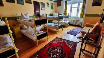 A dormitory room with bunk beds, a patterned rug, and artwork on the walls.