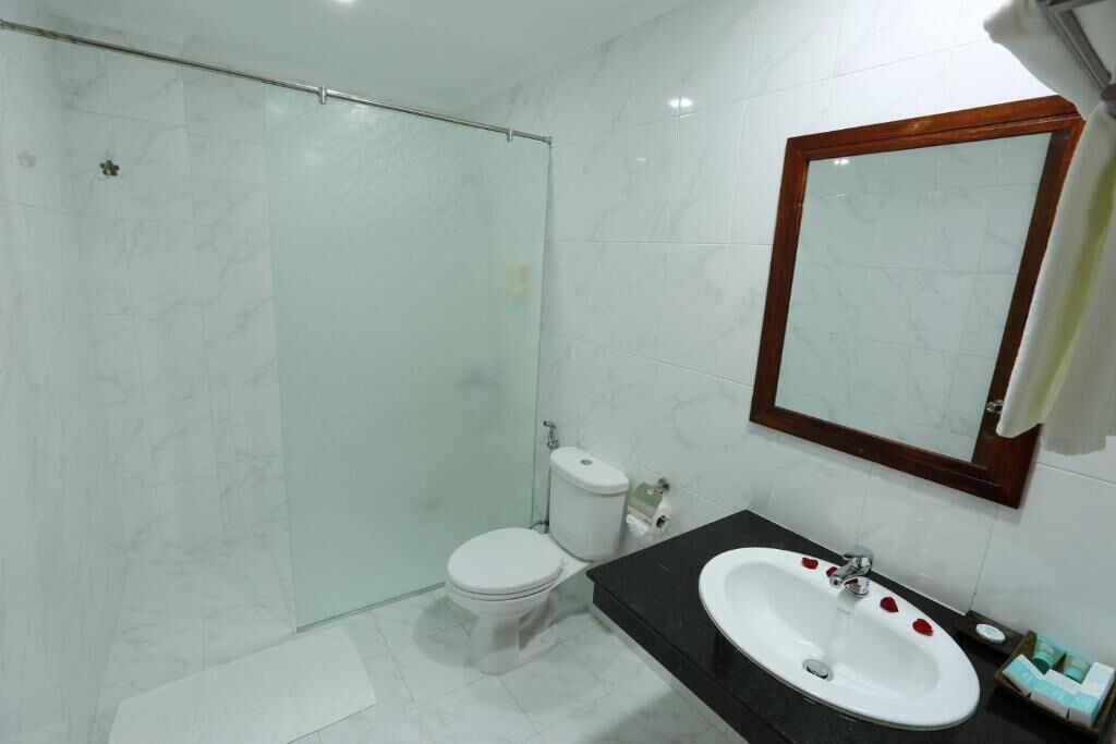 deluxe double room | bathroom | shower, free toiletries, hair dryer, slippers