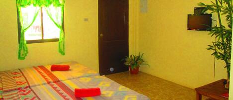 A room with a bed, a door, a small table, a television, and a plant.