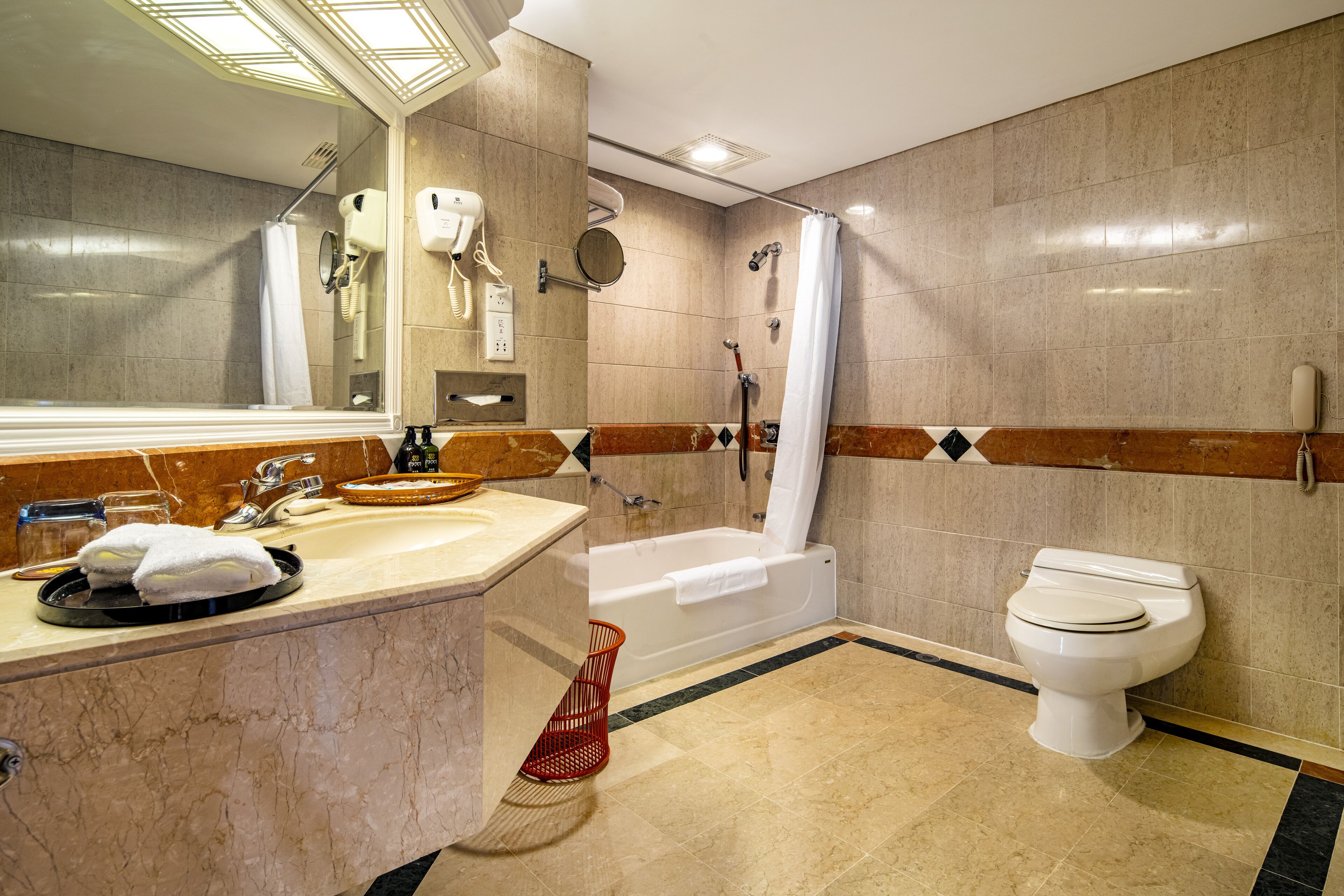 Un baño moderno con bañera, inodoro y un espejo grande.