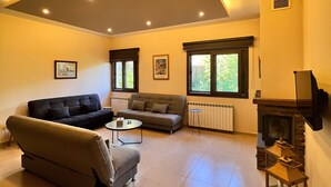 Una sala de estar con techo alto, iluminación empotrada, chimenea y dos sofás.