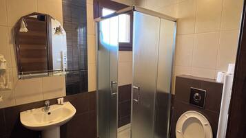 Une salle de bain moderne avec une douche à parois de verre, un lavabo et des toilettes.