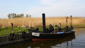 A boat with the label "USE2" docked at a calm water body, surrounded by tall grasses and a clear sky.