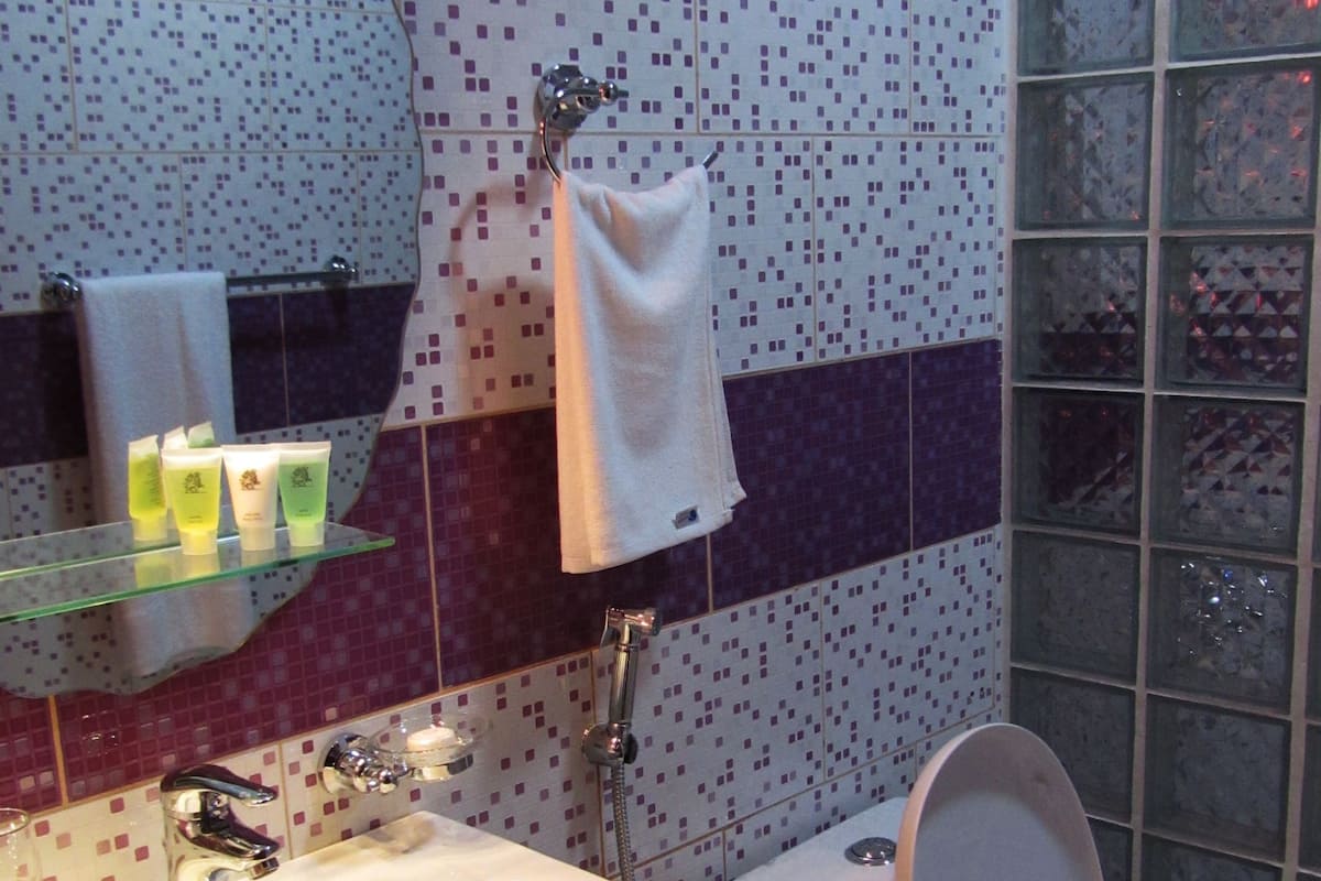 Een douche, gratis toiletartikelen, pantoffels, handdoeken
