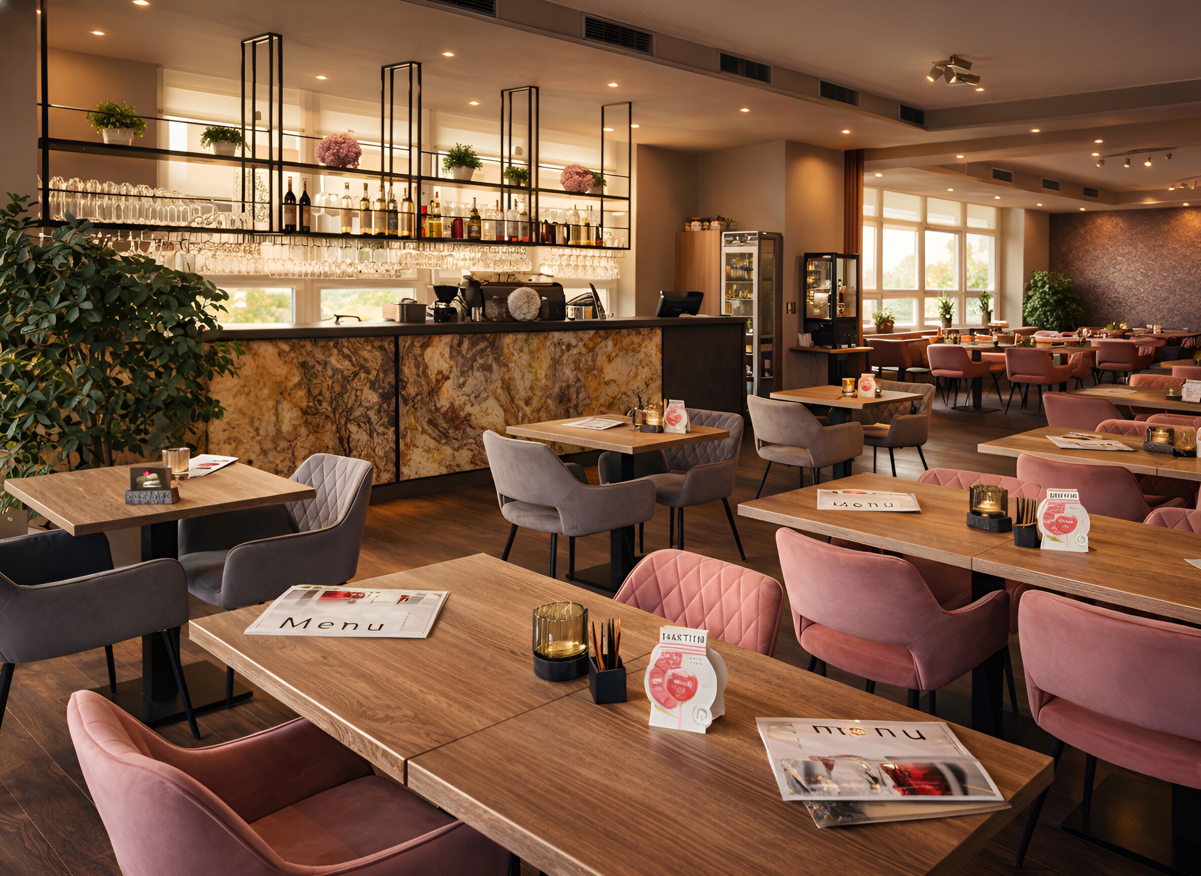 Un restaurante con mesas de madera, sillas acolchadas, una barra de mármol y estantes con cristalería y plantas.