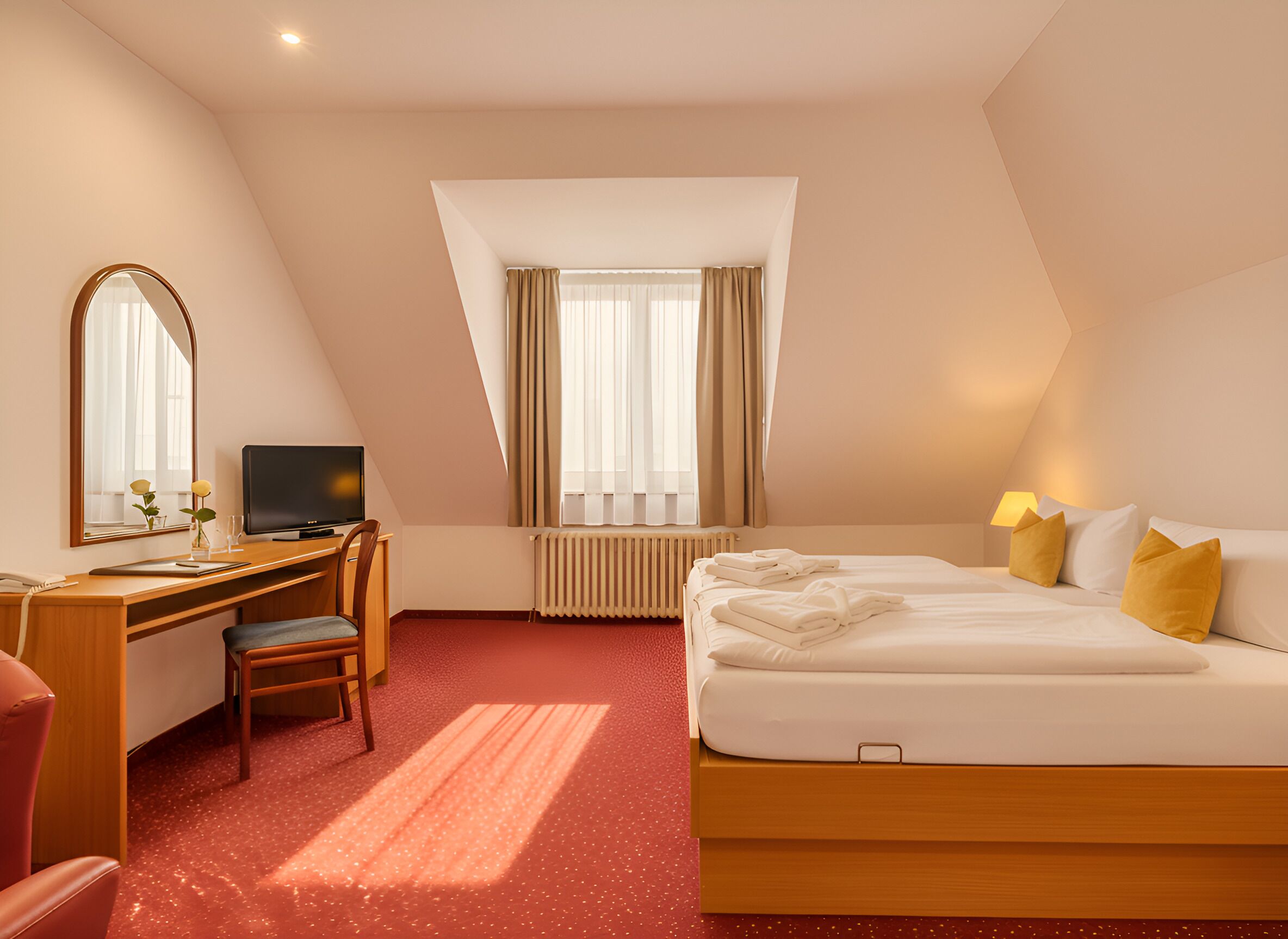Habitación de hotel con escritorio, silla, televisión, cama y ventana con cortinas.