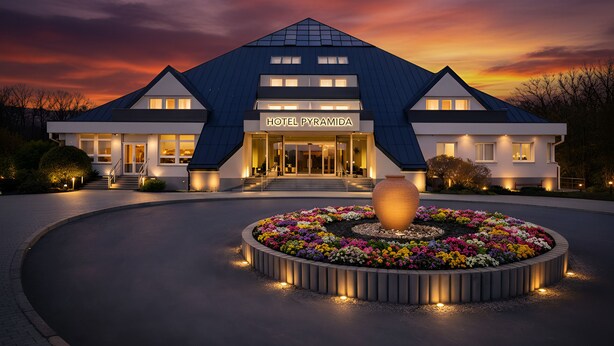 A modern hotel with a prominent entrance, a well-lit facade, and a circular flower bed in the foreground. - Lázeňský Hotel Pyramida I (Frantiskovy Lazne)