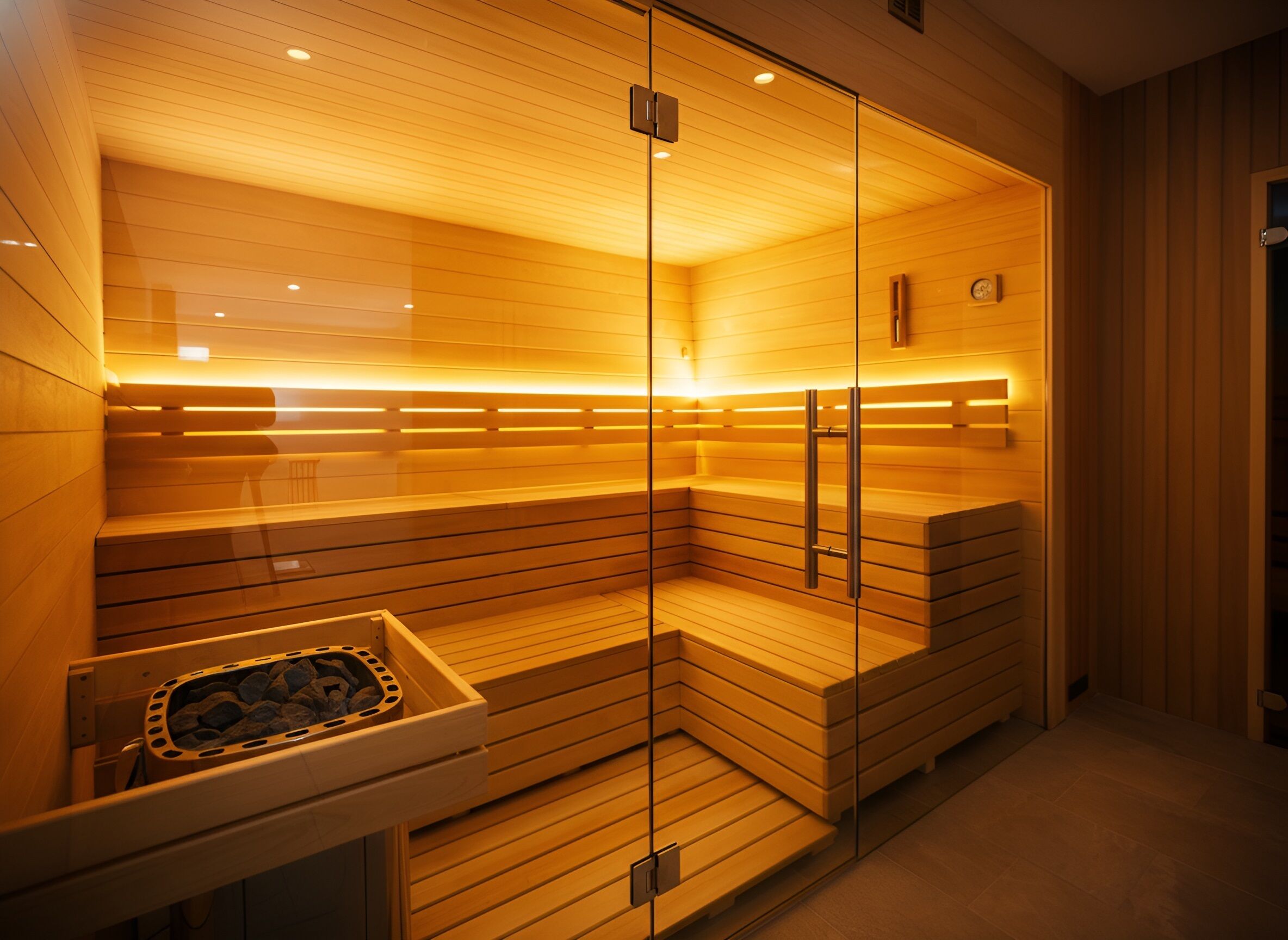 A sauna with wooden benches, glass walls, and a stone basin.