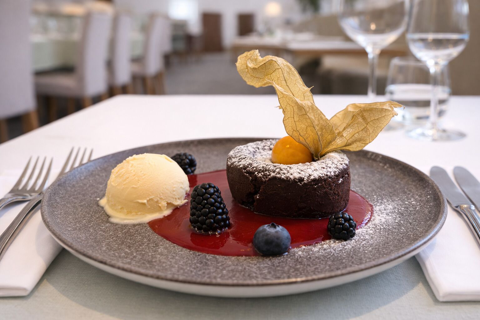 Un plato de postre con pastel de chocolate, bayas y una bola de helado.