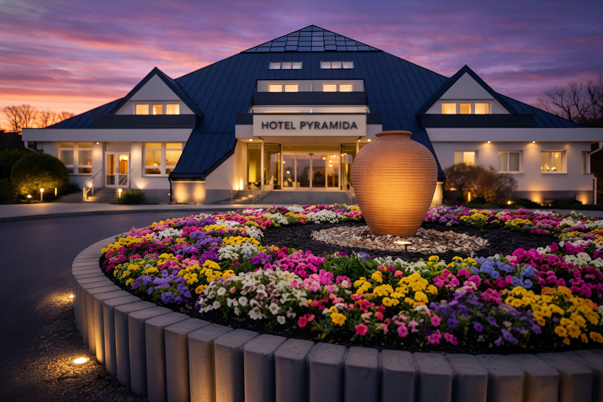 A hotel with a modern design, a large vase in the center of a flower bed, and a sign that reads 'HOTEL PYRAMIDA.'
