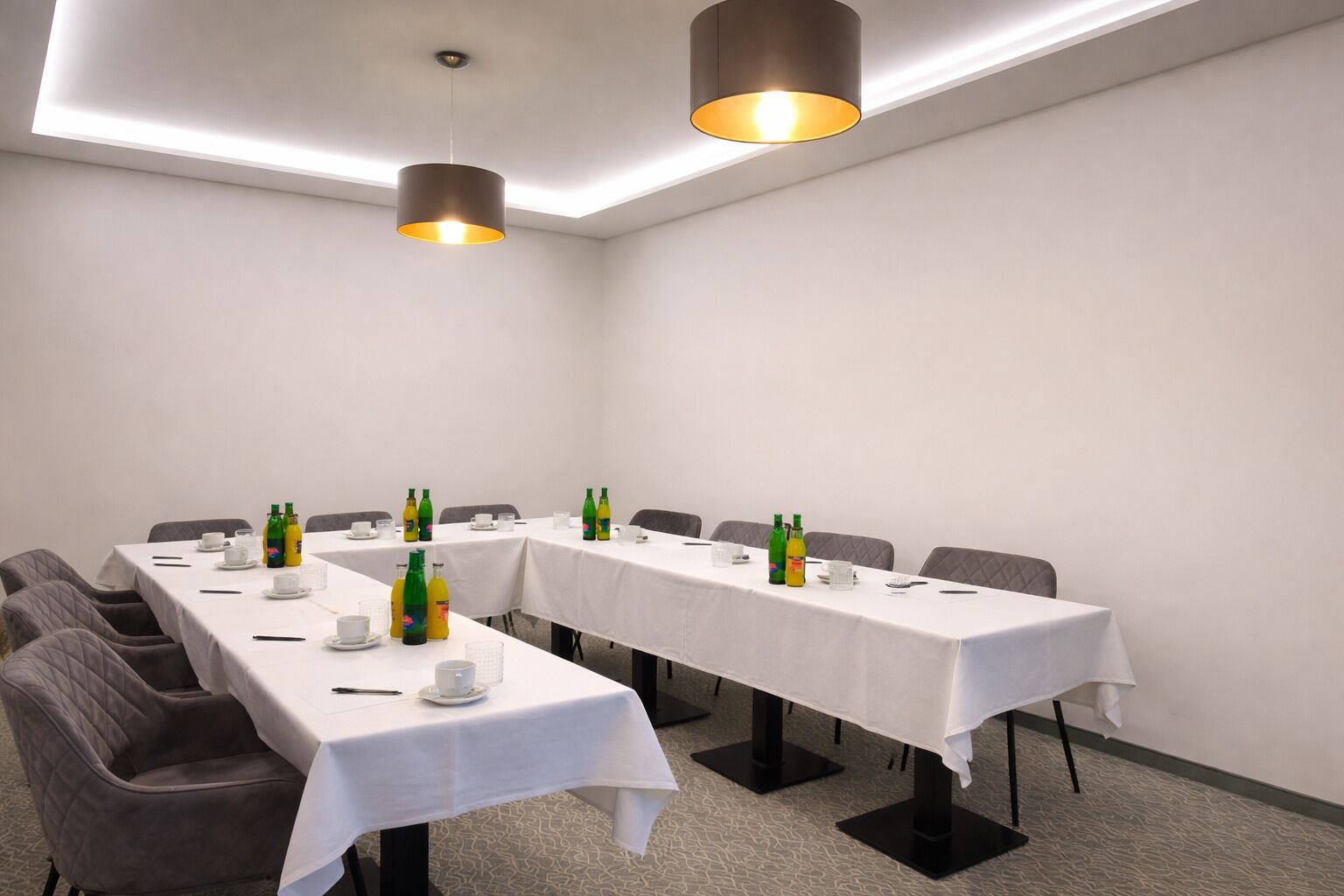 Un salón de conferencias con una larga mesa, sillas y dos lámparas colgantes.