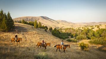 Un paisaje montañoso con tres jinetes a caballo.