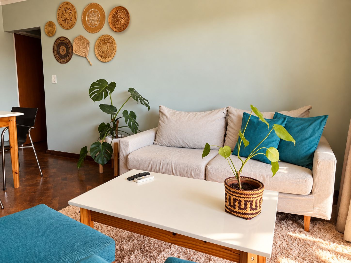 Ein Wohnzimmer mit einem weißen Sofa, einem Couchtisch, einem blauen Sessel und einer Pflanze in einem gewobenen Topf.