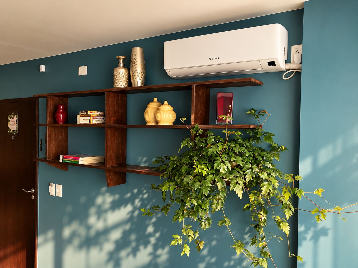 A room with a wall-mounted air conditioner, a wooden bookshelf with decorative items, and a hanging plant.