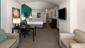 A hotel room with a bed, a desk with a chair, a TV, and a sofa.